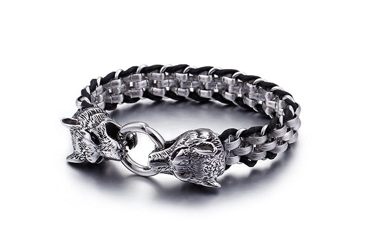 Black/Silver Colored Woven Double Wolf Head Bracelet
