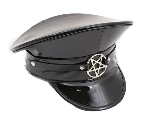 Black patent shiny leather top captain style hat. Hat has inverted silver pentagram on front center.