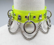 Load image into Gallery viewer, front view of neon green see through choker with Three O rings, Hanging chain and Adjustable buckle closure
