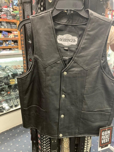 front view of Black real leather basic front button vest. Jacket has two front pockets and hidden gun pocket inside.