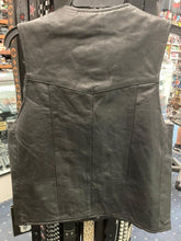 Load image into Gallery viewer, back view of Black real leather basic front button vest. Jacket has two front pockets and hidden gun pocket inside.
