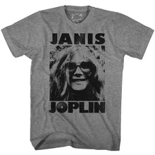 Load image into Gallery viewer, gray janis joplin shirt with logo and picture of janis with big round hippie glasses on, smiling

