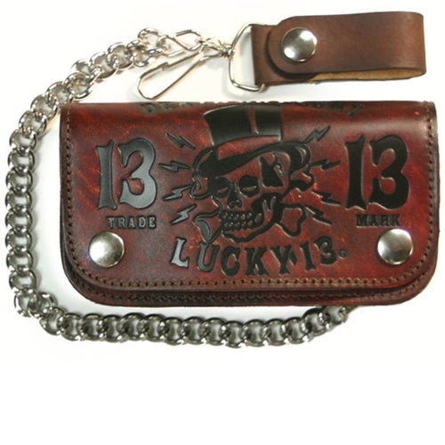 front of Brown antiqued finish wallet with Lucky 13's 