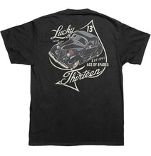 Load image into Gallery viewer, back of Black Lucky 13 t-shirt with a back print of the Lucky 13 &quot;Ace Of Spades&quot; graphic and a front left chest print to match.

