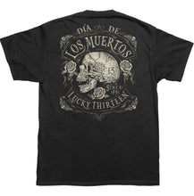 Load image into Gallery viewer, back of Black Lucky 13 t-shirt with a back print of the Lucky 13 &quot;Dead Skull&quot; Dia De Los Muertos logo, and a &quot;Lucky Thirteen&quot; front left chest print.
