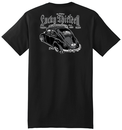back of Black Lucky 13 amped t-shirt with a full back print of the 