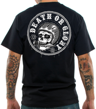 Load image into Gallery viewer, back of Black Lucky 13 t-shirt with a full back screen print of the &quot;Knife Fight&quot; graphic of a helmet-wearing skull with a knife in his mouth and Death Or Glory wrapped around the top. The front left chest has LUCKY 13 on it.
