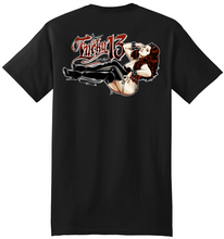 Load image into Gallery viewer, back of Black Lucky 13 t-shirt with a full back screen print of the &quot;Miss La Roux&quot; graphic and a front left chest print to match.
