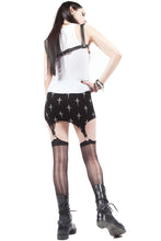 Load image into Gallery viewer, back of Black garter skirt with white all over print Lip Service classic dagger logo. Stockings not included.
