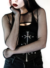 Load image into Gallery viewer, Black fishnet shrug with lace up back detail &amp; thumbholes.
