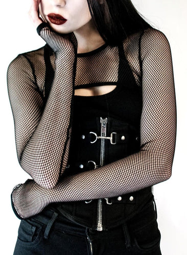 Black fishnet shrug with lace up back detail & thumbholes.