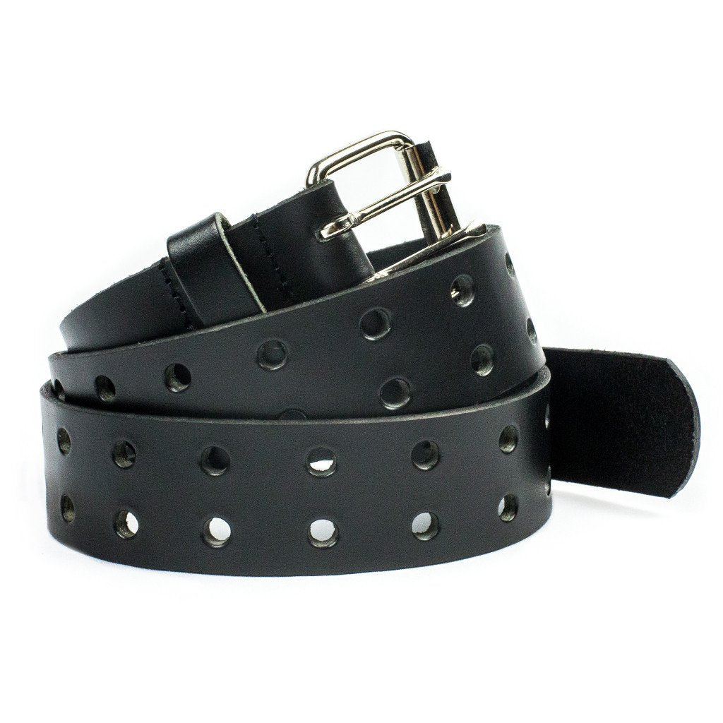 black belt with two rows of punched out holes all around