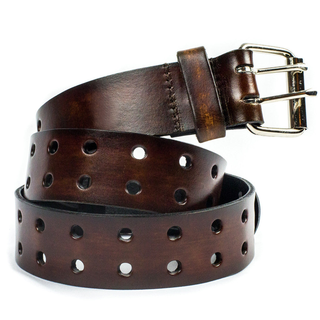 brown belt with two rows of punched out holes all around