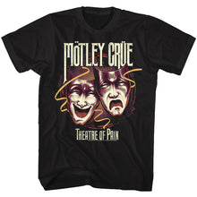Load image into Gallery viewer, black unisex motley crue shirt with logo and theatre of pain happy sad masks and text that reads "theatre of pain"
