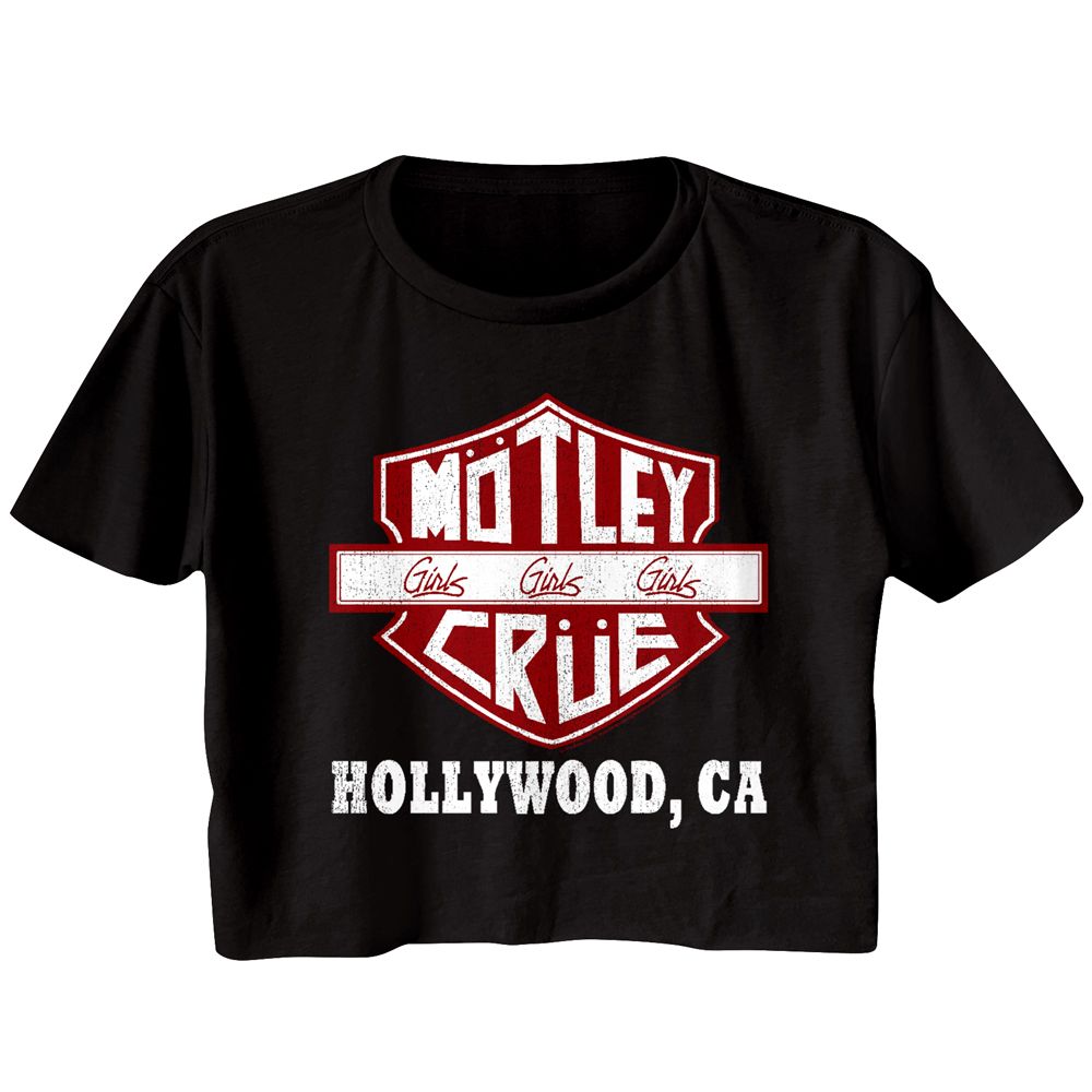 women's black motley crue cropped half shirt with motley crue girls girls girls logo and text that reads 