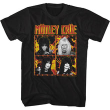 Load image into Gallery viewer, black unisex motley crue shirt with logo and fire and wire band photo collage

