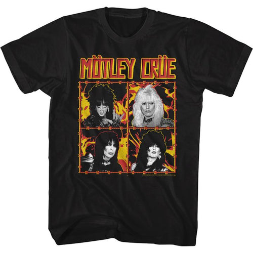 black unisex motley crue shirt with logo and fire and wire band photo collage