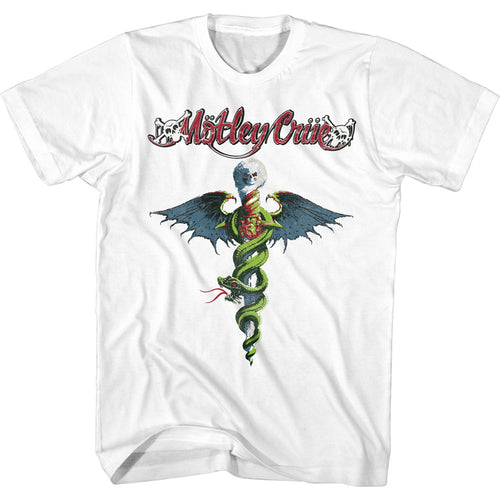unisex white motley crue shirt with logo and full color picture of dr. feel good snake dagger album cover art
