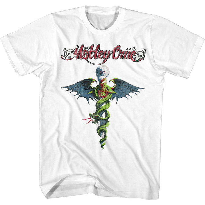 unisex white motley crue shirt with logo and full color picture of dr. feel good snake dagger album cover art