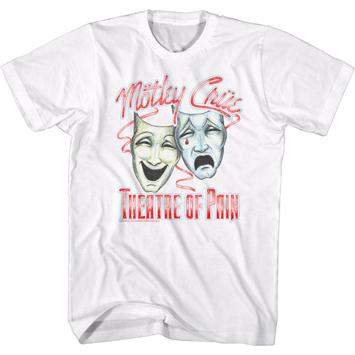 white unisex motley crue shirt with logo and happy/sad theatre of pain masks with text that reads 