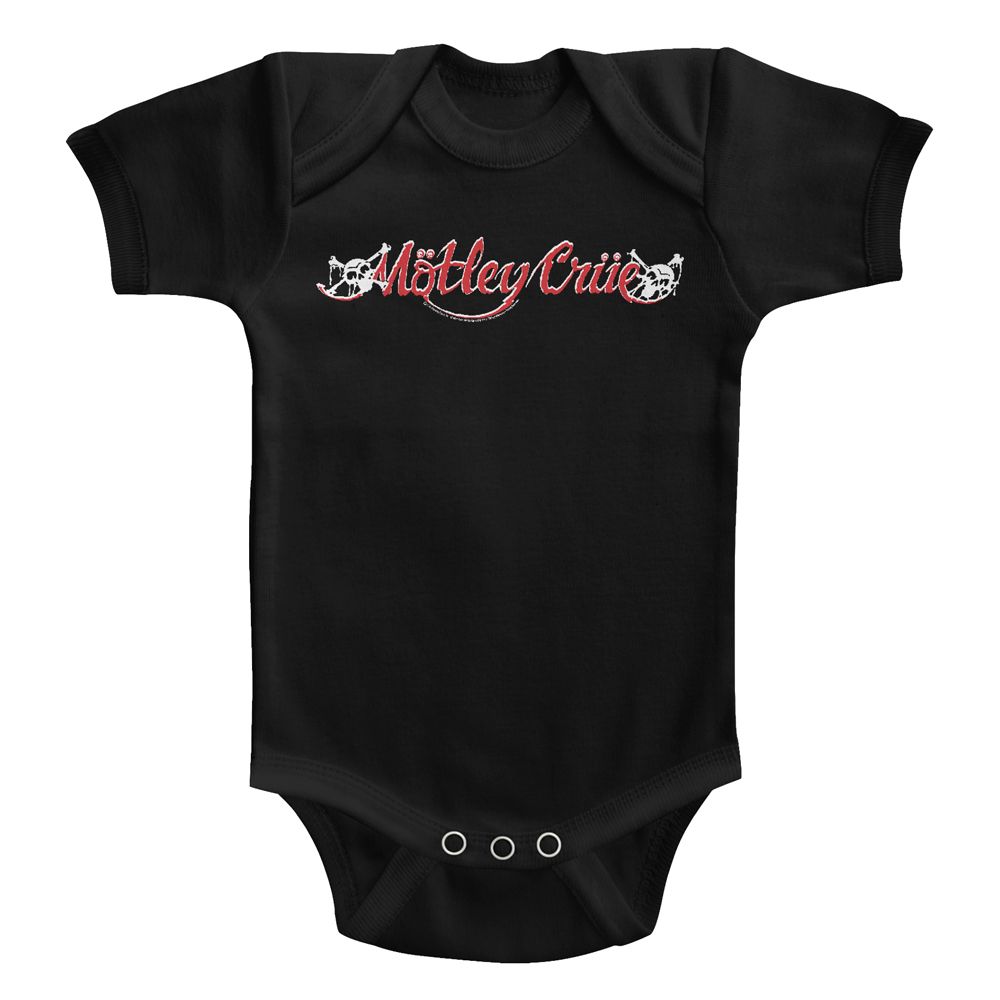 black motley crue onesie with motley crue logo on chest