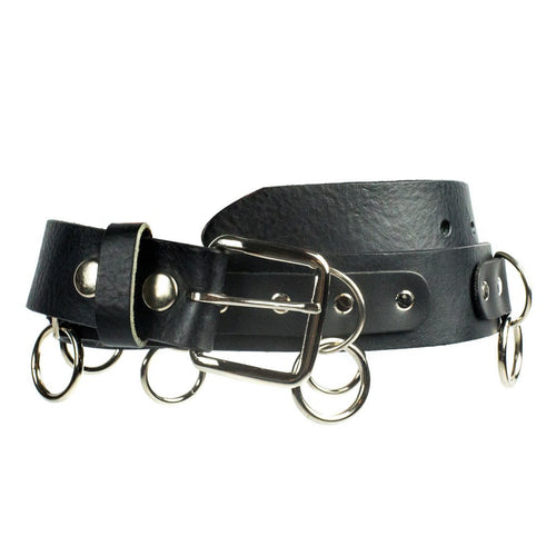 black bondage belt with silver hanging o rings