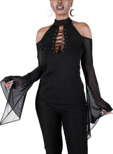 Load image into Gallery viewer, front view of black long sleeve top with high neckline, lace-up detail on the chest, statement mesh long sleeves and cold shoulders.

