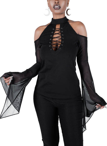 front view of black long sleeve top with high neckline, lace-up detail on the chest, statement mesh long sleeves and cold shoulders.