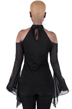 Load image into Gallery viewer, back view of black long sleeve top with high neckline, lace-up detail on the chest, statement mesh long sleeves and cold shoulders.
