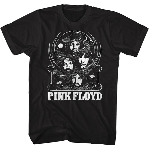 black unisex pink floyd shirt with logo on bottom and band portrait full of stars art in middle