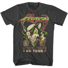 Load image into Gallery viewer, black unisex poison shirt with red/green logo on top, cat with cigar graphic in middle, and text on the bottom that reads &quot;86, 87. look what the cat dragged in us tour&quot;

