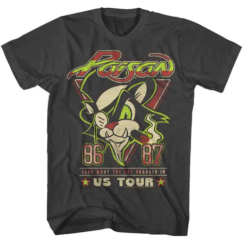 black unisex poison shirt with red/green logo on top, cat with cigar graphic in middle, and text on the bottom that reads 