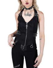 Load image into Gallery viewer, front view of black pinstripe vest with provocative low neckline, halter neck, zip front detail with cross pull and buckle details.
