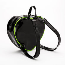 Load image into Gallery viewer, back of Black heart-shaped mini backpack with Bride and Frankenstein&#39;s monster graphic on front. Cobweb lining with one inside Velcro pouch.
