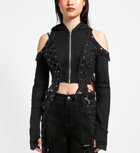 Load image into Gallery viewer, front of Black hoodie with gothic Lolita details. Hoodie has long sleeves that have thumb holes and black lace around the hands. Shoulders are open, and have edges of black on black lace details, as well as silver rivet details around the edge. Front of hoodie zips up, and has black on black lacey lace-up panels on right and left of zipper. Hoodie has black hood.
