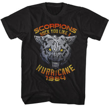 Load image into Gallery viewer, black scorpions band shirt with logo and wolf graphic with text that reads &quot;scorpions rock you like a hurricane 1984&quot;
