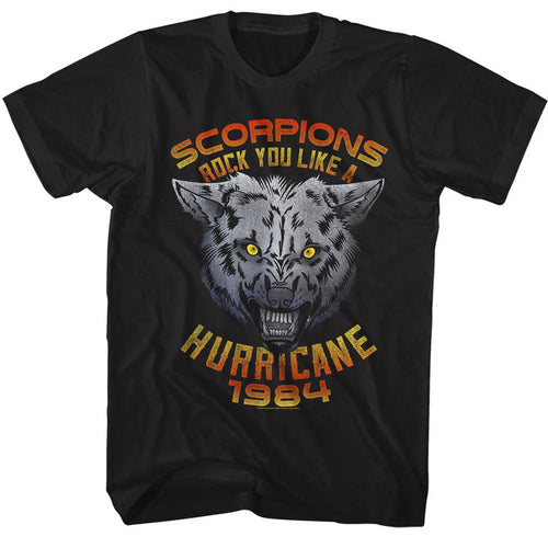 black scorpions band shirt with logo and wolf graphic with text that reads 