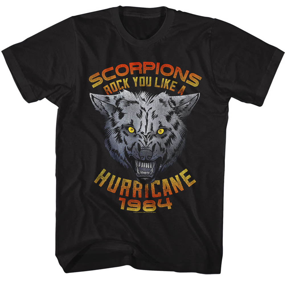 black scorpions band shirt with logo and wolf graphic with text that reads 