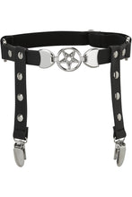 Load image into Gallery viewer, front view of black leg garter with vegan leather statement pentagram. Has adjustable elastic back, stud detail and suspender holders. 
