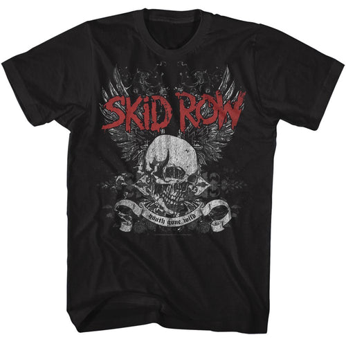 black band shirt with skid row logo and skull wings graphic with text that reads 