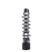Load image into Gallery viewer, front view of black vegan leather 5 1/2&quot; wedge platform Goth punk gogo knee high boot Adjustable straps from top to bottom of boot, with metal plates up the front with full back zipper
