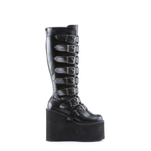 Load image into Gallery viewer, outer side view of black vegan leather 5 1/2&quot; wedge platform Goth punk gogo knee high boot Adjustable straps from top to bottom of boot, with metal plates up the front with full back zipper
