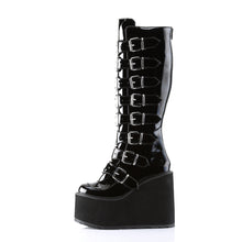Load image into Gallery viewer, inner side view of black vinyl 5 1/2&quot; wedge platform Goth punk gogo knee high boot Adjustable straps from top to bottom of boot, with metal plates up the front with full back zipper
