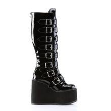 Load image into Gallery viewer, outer side view of black vinyl 5 1/2&quot; wedge platform Goth punk gogo knee high boot Adjustable straps from top to bottom of boot, with metal plates up the front with full back zipper
