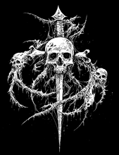 Load image into Gallery viewer, Black and white hoodie. The old school dagger remastered by Riddick and printed on a crop hoodie. Hoodie has raw edge detail at hem and is printed on the front and left sleeve panel. 
