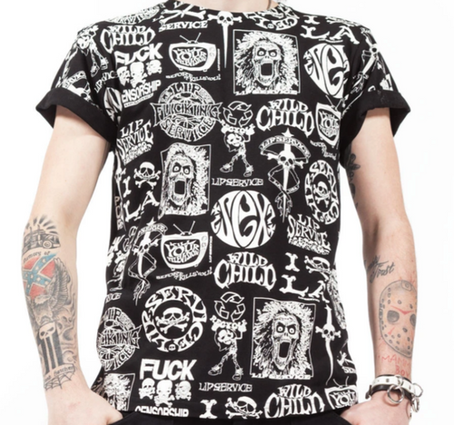 Black and white multi logo t-shirt. T-shirt print consists of many styles of Lip Service black and white logos.