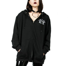 Load image into Gallery viewer, Black and white cross bones and dagger logo hoodie has print on the front and the back, with zip front closure and back hood.
