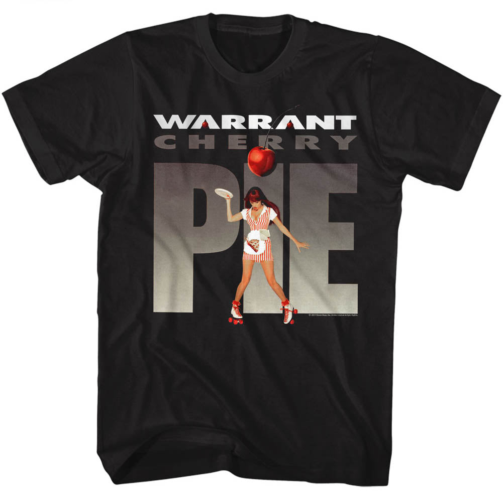 black band shirt with warrant logo and waitress wearing skates graphic with text that reads 