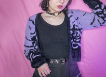 Load image into Gallery viewer, Purple cropped short cardigan with black bats design, cardigan ties closed at the front middle
