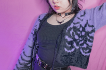 Load image into Gallery viewer, Purple cropped short cardigan with black bats design, cardigan ties closed at the front middle
